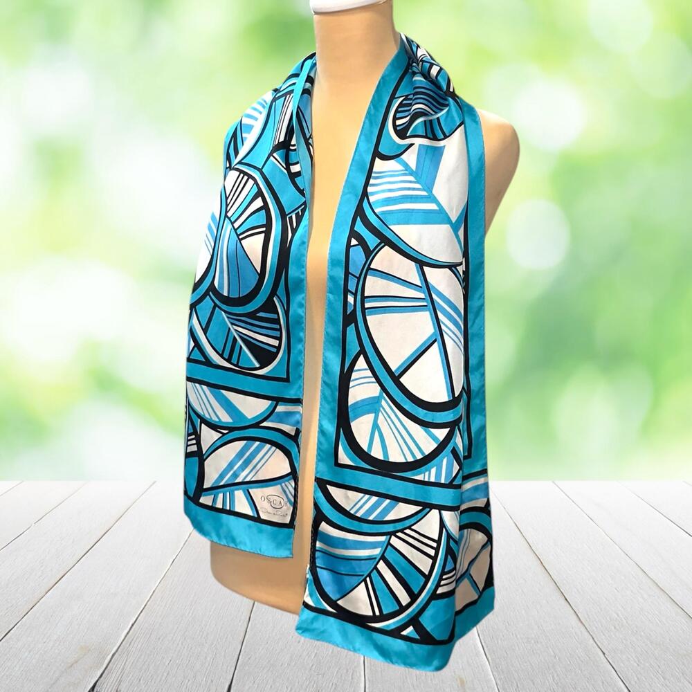 Vintage OSCAR DE LA RENTA Silk Scarf Geometric Abstract Leaf Print 54x11.5 In